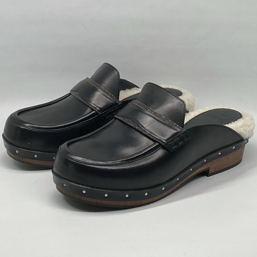 Brunello Cucinelli Beaded Shearling & Leather Clogs size 39